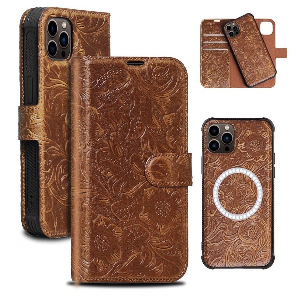Genuine Leather Wallet Case for iPhone 16 Pro, 2-in-1 Magnetic Detachable, shock